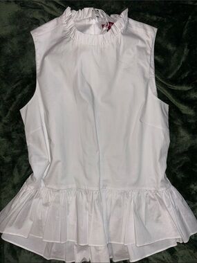 STAUD White Sleeveless Ruffle Neck Peplum Costume Top
